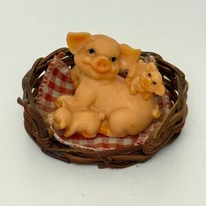 Vintage Pig Piglets in Basket Figurine Decor Collectibles - Rare